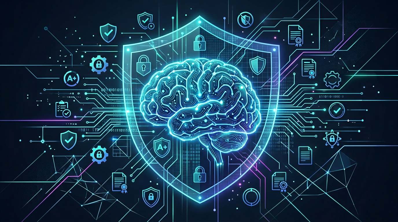 Neural network brain inside a security shield representing AI governance