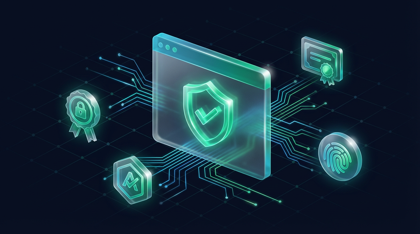 Browser window with verification shield representing a public trust portal