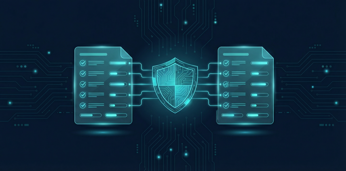 Two compliance checklists connected through a central shield