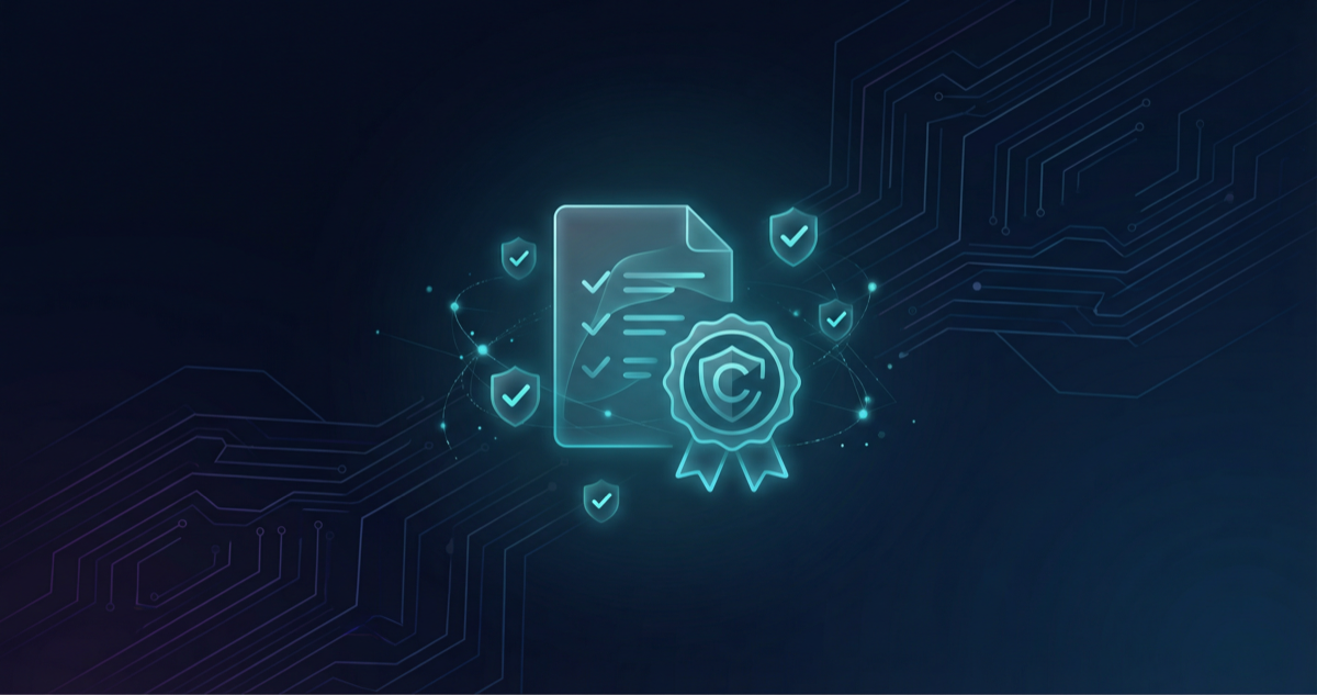 Compliance document with certification badge and security shields