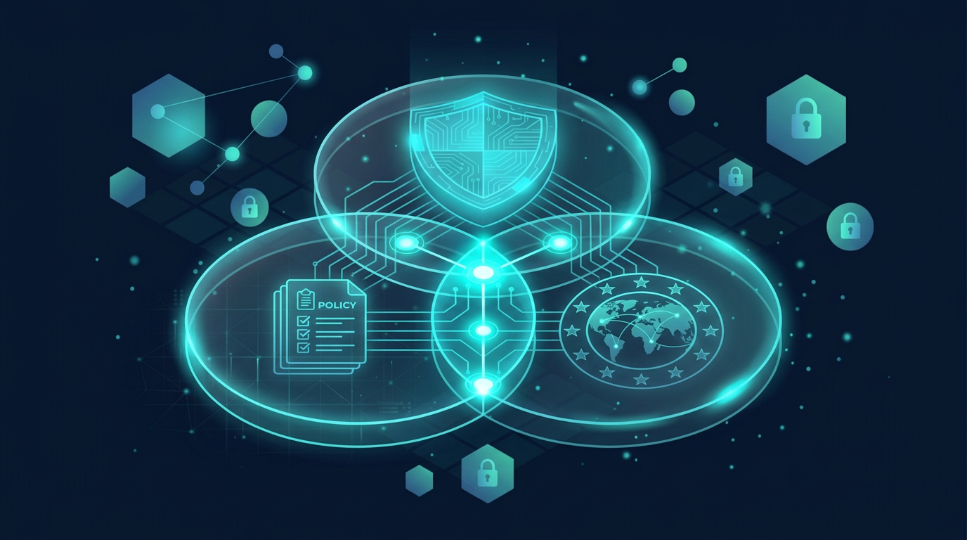 Overlapping compliance framework diagrams connected by shared controls
