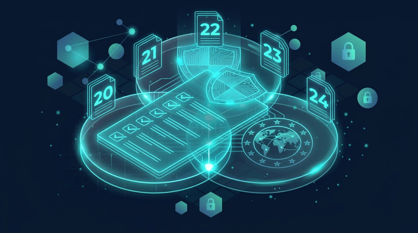 NIS2 directive articles 20-25 checklist with EU shield and cybersecurity icons