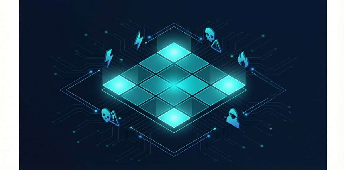 Risk matrix with threat icons on dark cybersecurity background