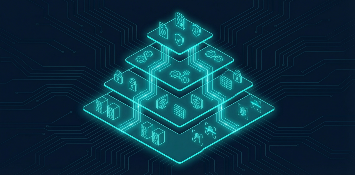 Layered security controls pyramid with policy and technical icons