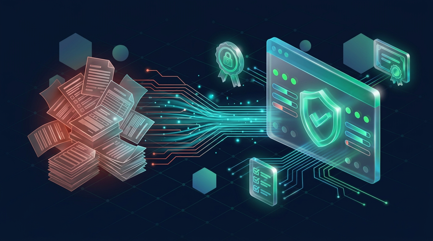Overflowing document inbox transforming into a clean compliance dashboard