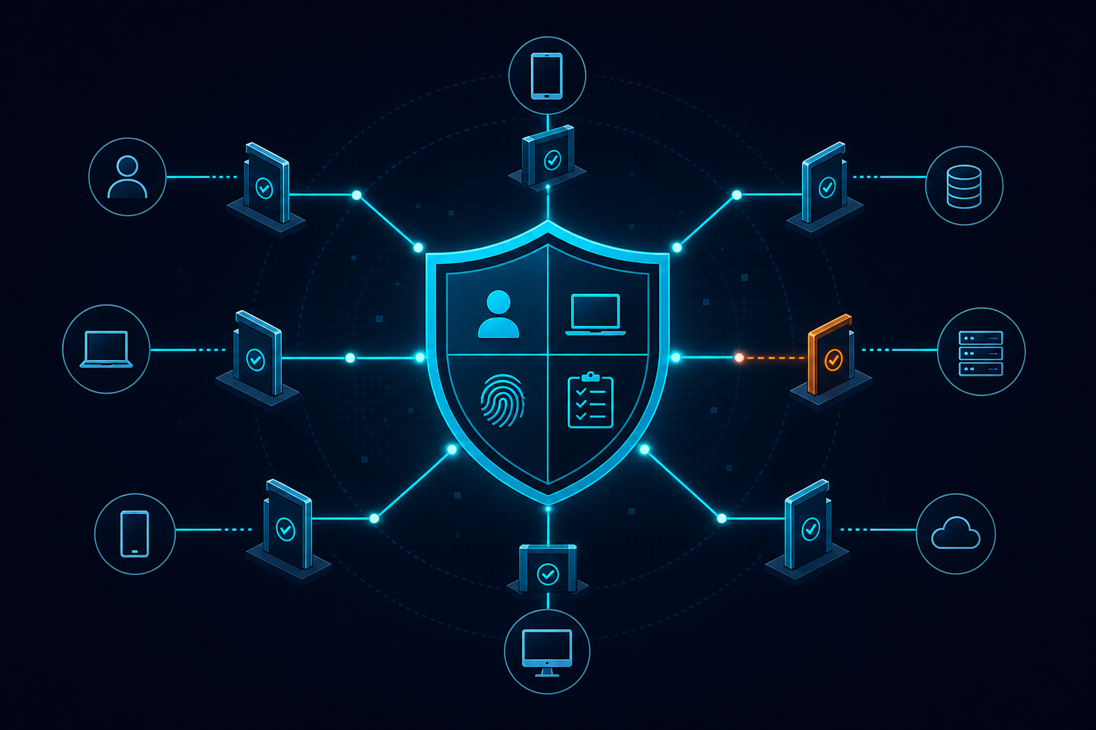 Shield with verification checkpoints and connected devices representing Zero Trust architecture per NIST SP 800-207