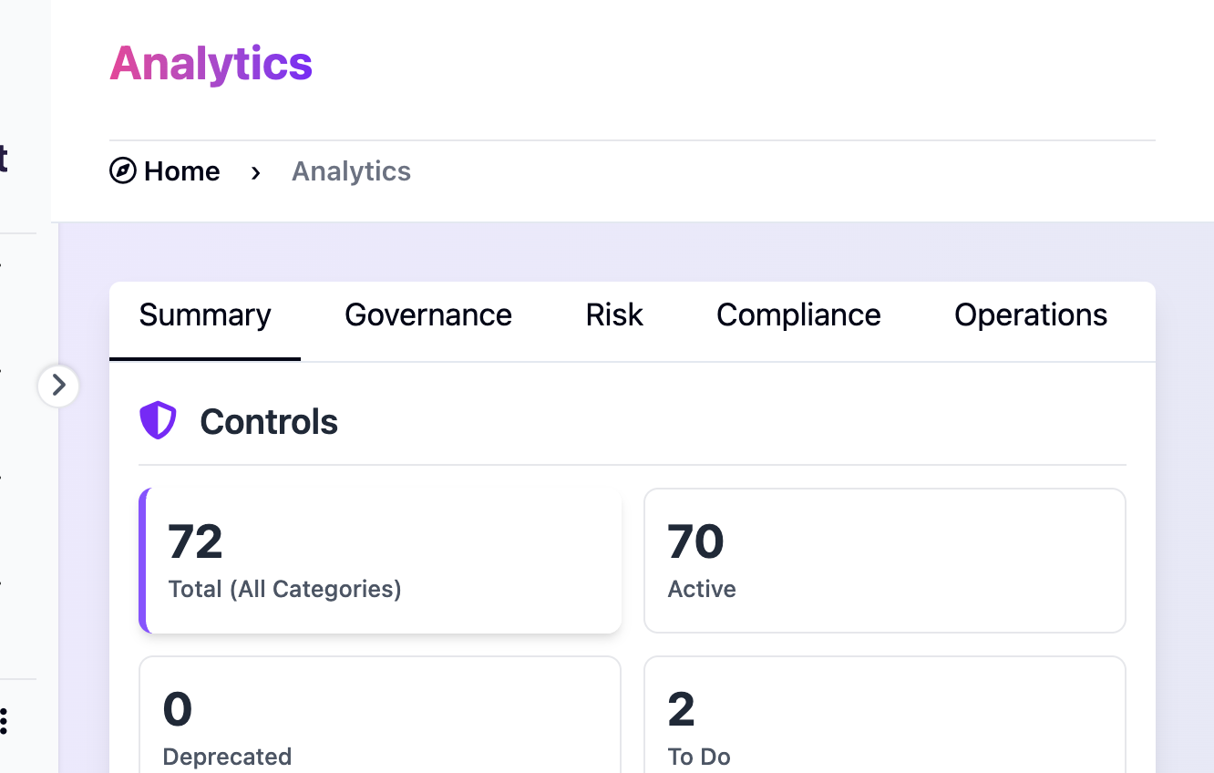 CISO Assistant analytics dashboard showing controls, compliance, and risk summary