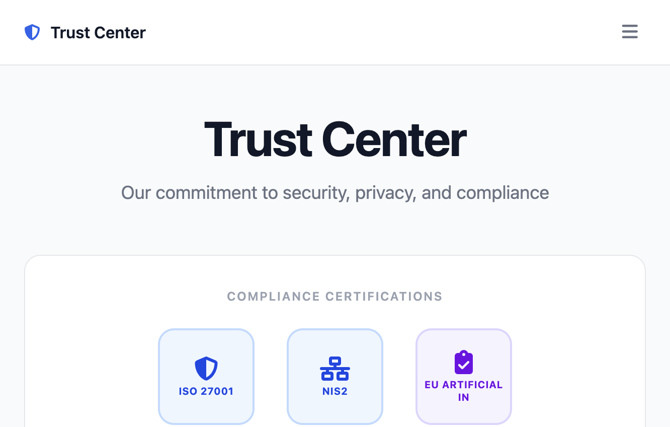 Trust Portal showing compliance certifications, framework badges, and security controls